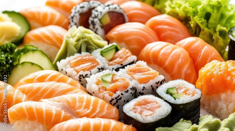Assorted Delicious Sushi Preparation on a White Plate Featuring Fresh Salmon, Avocado, Vegetables, and Seaweed Accents Perfect for Food Lovers and Culinary Enthusiasts Assorted Delicious Sushi Preparation on a White Plate Featuring Fresh Salmon, Avocado, Vegetables, and Seaweed Accents Perfect for Food Lovers and Culinary Enthusiasts