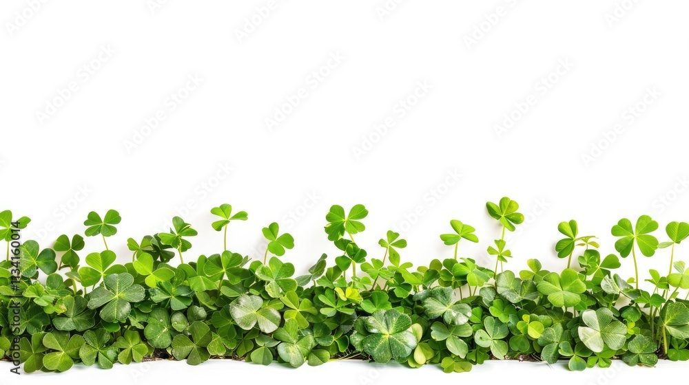 Obraz premium Ciche green clover plants growing in line isolated on white background with copy space banner