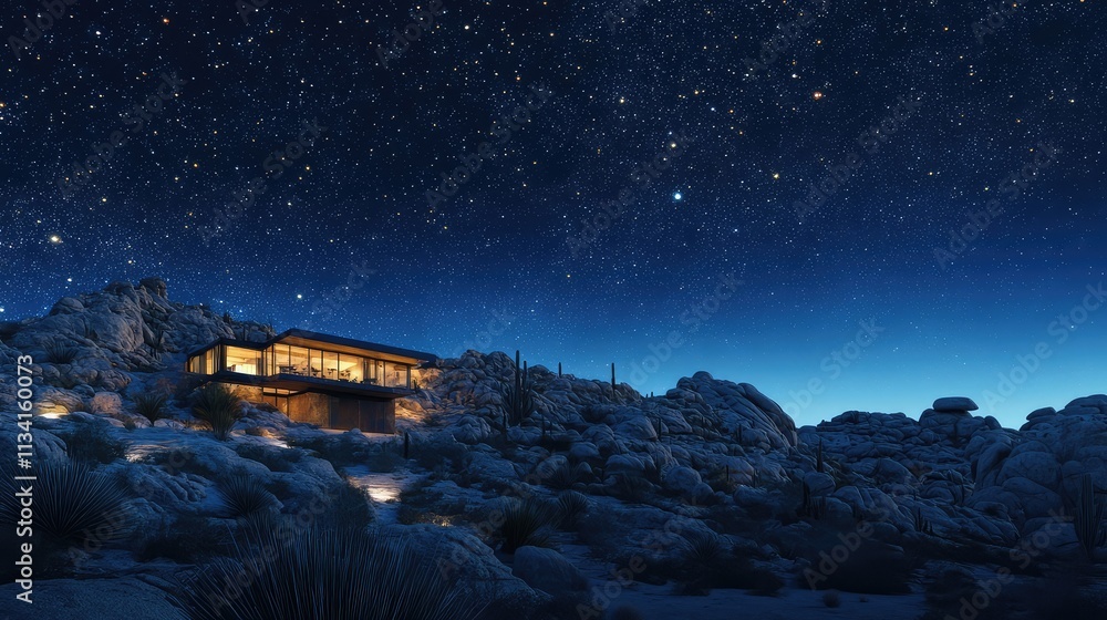A concept home with a fully transparent roof, offering stargazing opportunities in a remote desert setting A concept home with a fully transparent roof, offering stargazing opportunities in a remote desert setting