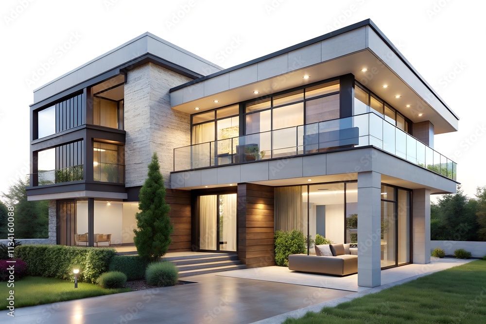Modern luxury house with large windows, minimalistic design isolated on white background Modern luxury house with large windows, minimalistic design isolated on white background