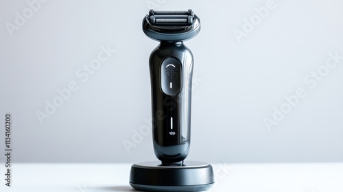 A clean electric shaver with a wireless charging dock, isolated on a white background photo