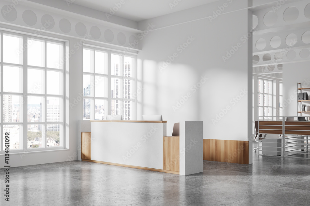 Fototapeta premium Modern office reception area with white desk and wooden accents, surrounded by large windows with city view in bright daylight. 3D Rendering
