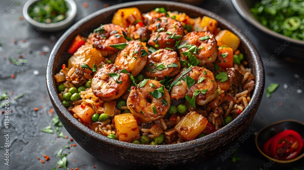 Irish stew Jambalaya in gray bowel Irish stew Jambalaya in gray bowel
