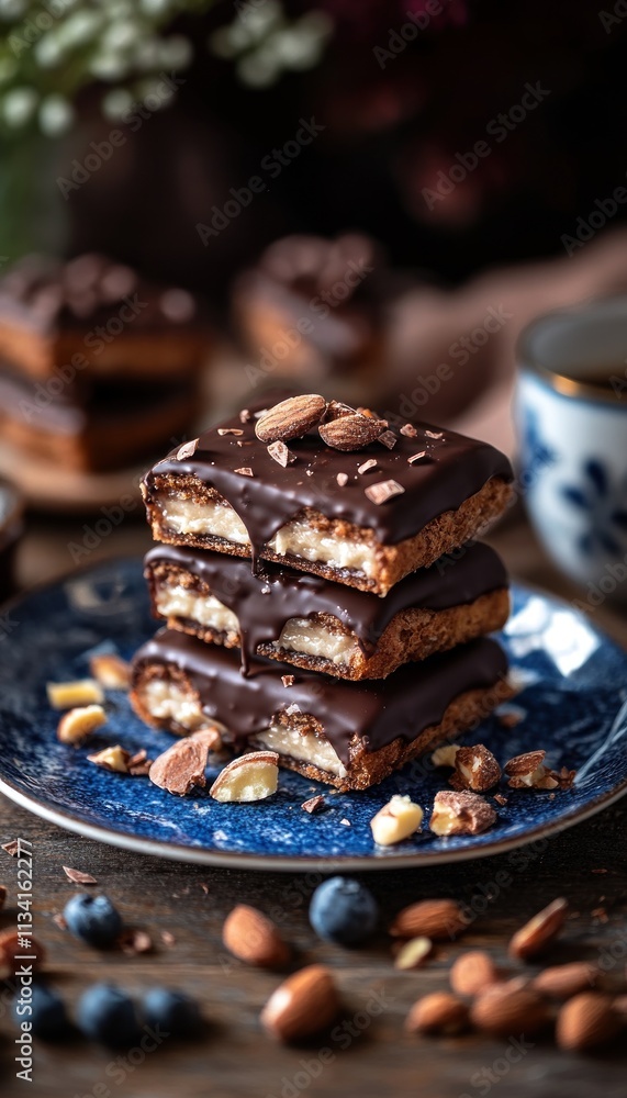 A stack of chocolate-covered dessert bars garnished with nuts, served on a decorative plate. A stack of chocolate-covered dessert bars garnished with nuts, served on a decorative plate.