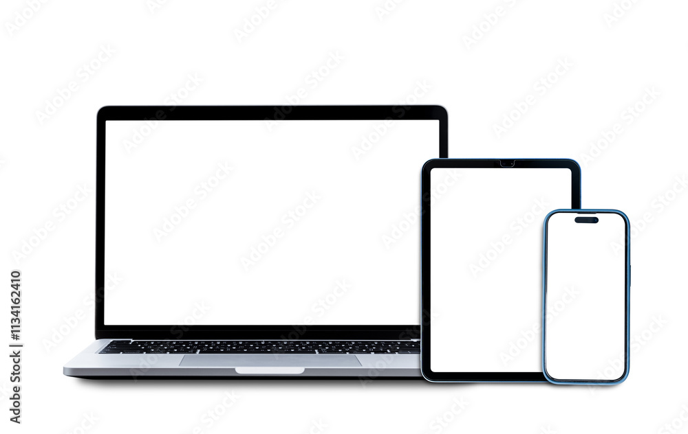 Set of smart devices smartphone, tablet and laptop with blank screen isolated on transparent background, PNG Format Set of smart devices smartphone, tablet and laptop with blank screen isolated on transparent background, PNG Format