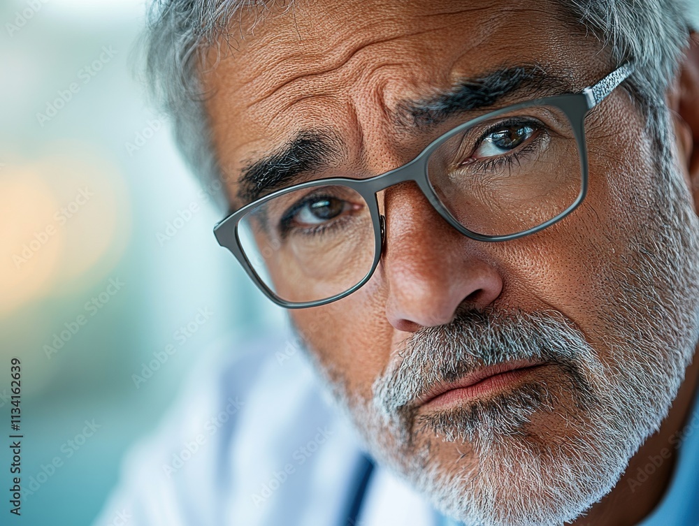 A close-up shot of a doctor face, focusing intently on a patient file during an examination. A close-up shot of a doctor face, focusing intently on a patient file during an examination.