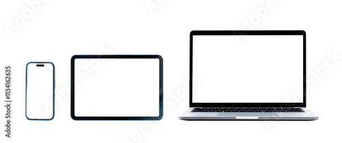 Set of smart devices smartphone, tablet and laptop isolated with blank screen on transparent background, PNG Format
