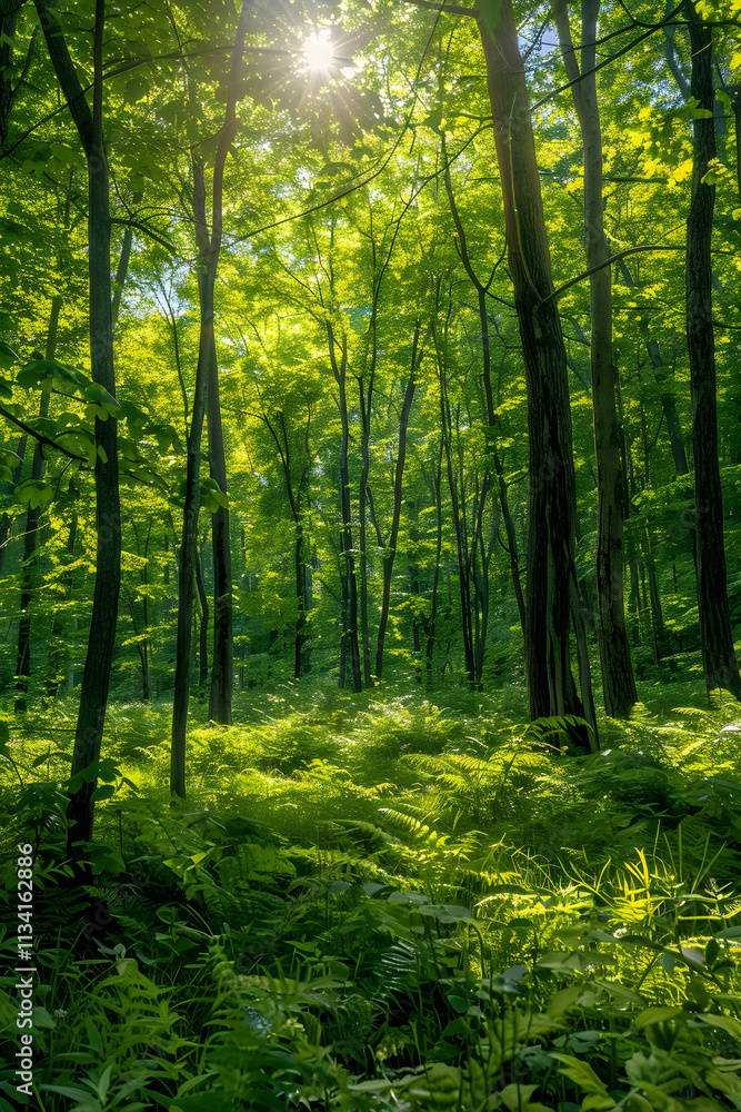 Fototapeta premium Lush Forest Landscape with Abundant Flora and Meandering River in Serene Natural Setting