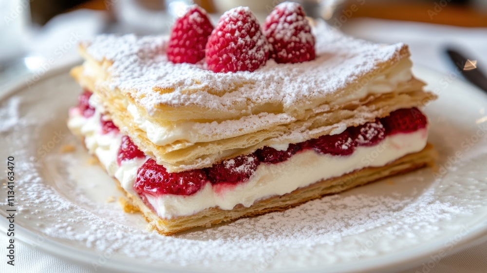 A delicious layered dessert with raspberries and cream, dusted with powdered sugar. A delicious layered dessert with raspberries and cream, dusted with powdered sugar.