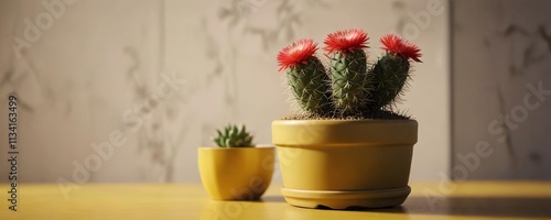 Small pot with Gymnocalycium baldianum cactus on yellow table in a small room, small plant, yellow tablecloth, interior decor photo