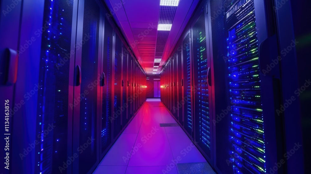 Fototapeta premium The bright lights of data storage systems contrast against the dark background of the server room.