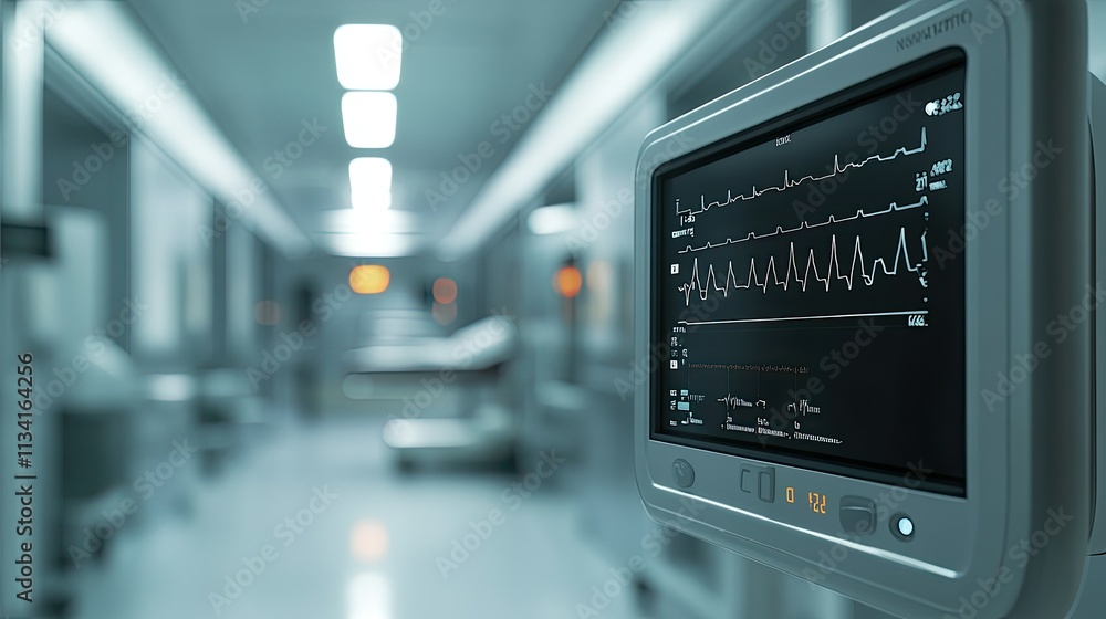 Heart Monitor Display in Modern Hospital Corridor with Blurred Medical Equipment in Background, Showcasing Vital Signs and Patient Care Environment Heart Monitor Display in Modern Hospital Corridor with Blurred Medical Equipment in Background, Showcasing Vital Signs and Patient Care Environment