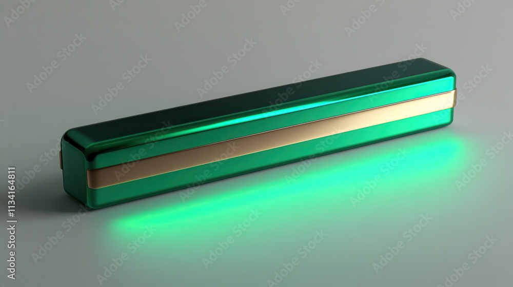 A rectangular design resembling a gold bar, but with an opulent emerald green finish, softly glowing with diffused light. The object appears vibrant and smooth A rectangular design resembling a gold bar, but with an opulent emerald green finish, softly glowing with diffused light. The object appears vibrant and smooth