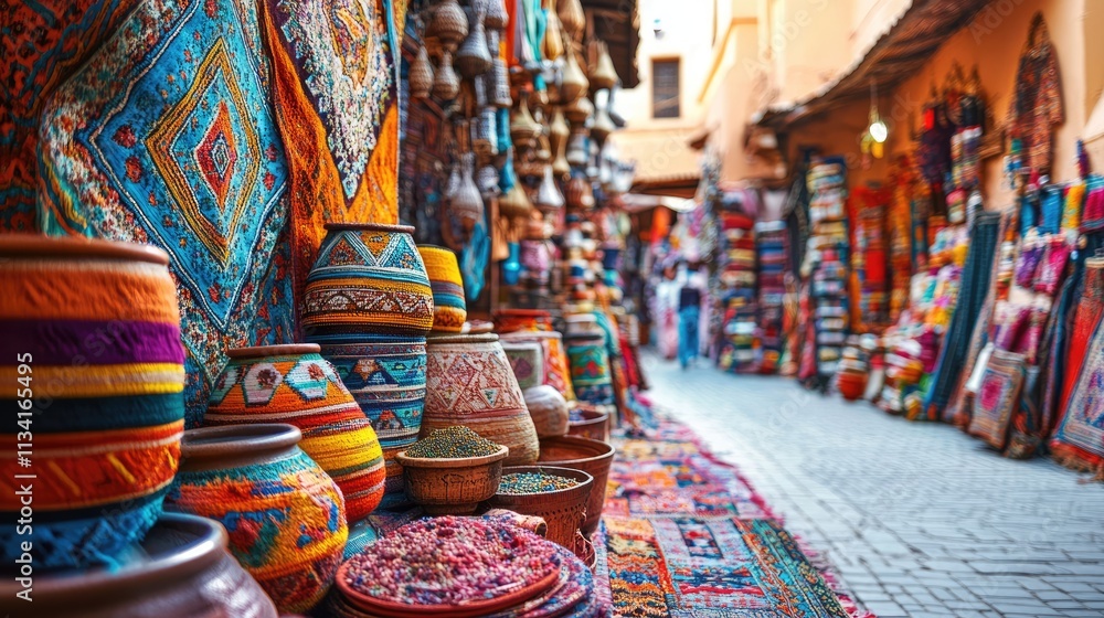 Fototapeta premium The colorful and exotic markets of Marrakech in Morocco offer a vibrant and unique summer travel background, with bright spices, handmade textiles, and traditional crafts