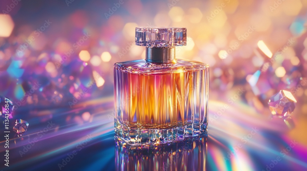A vibrant perfume bottle surrounded by colorful light reflections. A vibrant perfume bottle surrounded by colorful light reflections.