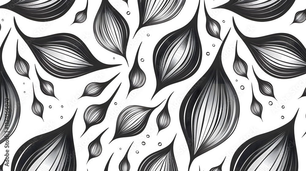 Black and white seamless pattern with abstract leaves and white dots on a white background. Black and white seamless pattern with abstract leaves and white dots on a white background.