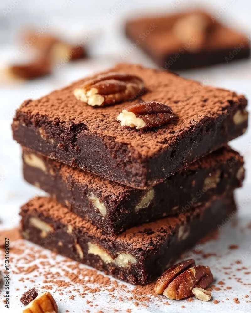 A stack of rich chocolate brownies topped with pecans and cocoa powder. A stack of rich chocolate brownies topped with pecans and cocoa powder.
