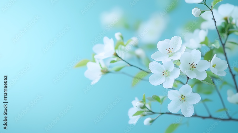Fototapeta premium Blossoming white flowers on soft blue background nature's serenity close-up tranquil concept