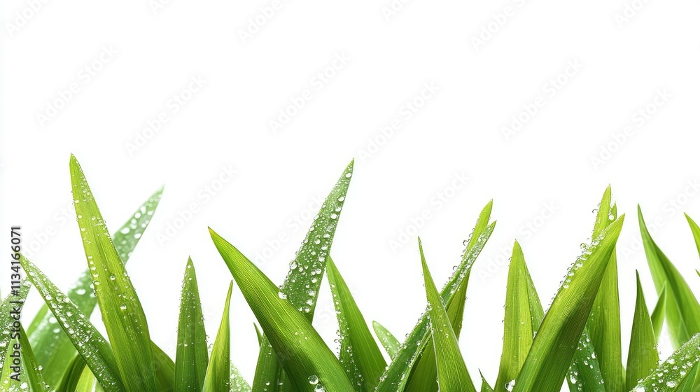 Fresh Green Grass Blades with Droplets of Water on a Bright White Background, Perfect for Nature, Spring, or Gardening Themes for Stock Photography Fresh Green Grass Blades with Droplets of Water on a Bright White Background, Perfect for Nature, Spring, or Gardening Themes for Stock Photography