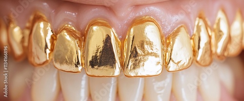 Close-up of a mouth displaying gold dental grills on teeth. photo