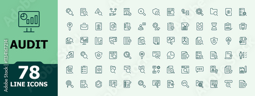 Audit icon set. Includes icons for search, magnifying glass, inspection, graph, comparison, inspecting, web and more. Simple web icons. Vector illustration.