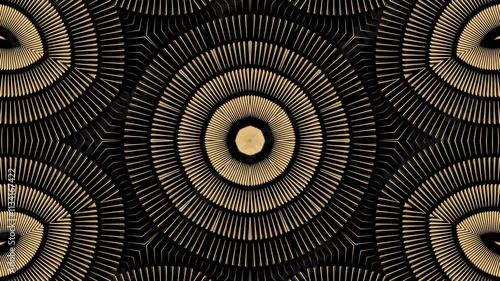 Gold concentric mandala circles radiate outward on a black background; ideal for backgrounds, abstract designs, luxury themes, or artistic concepts. photo