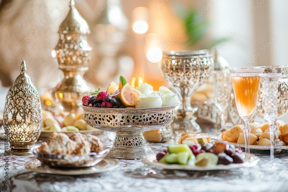 Elegant Ramadan Iftar Feast: A Luxurious Table Setting with Silverware and Delicate Treats Elegant Ramadan Iftar Feast: A Luxurious Table Setting with Silverware and Delicate Treats