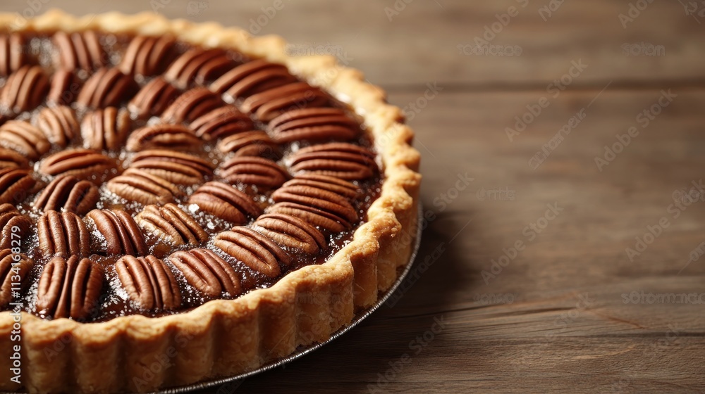 A close-up of a pecan pie with a golden crust and decorative pecan topping. A close-up of a pecan pie with a golden crust and decorative pecan topping.