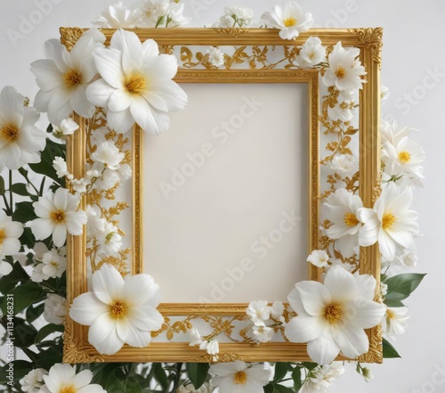 A delicate gold border frames a stunning white flower arrangement, luxurious, refined, rare photo