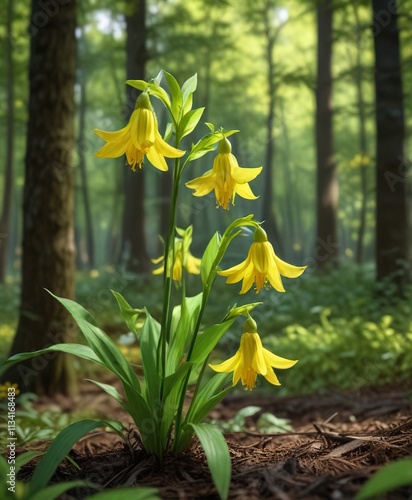 Bellwort in a shaded forest environment with large yellow blooms, greenery, Uvularia grandiflora, trees photo