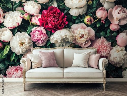  Floral wallpaper featuring modern flowers, with sofa in living room interior.