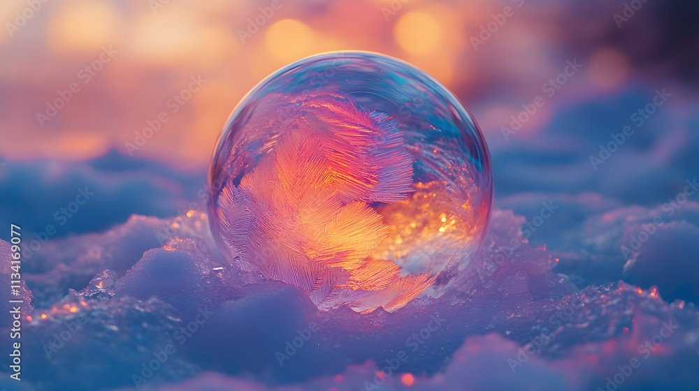 soap bubbles in the snow with a glow