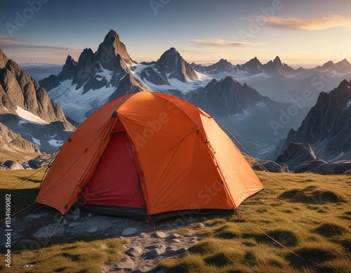 Bivouac tent with mountaineering ropes on Pic du Midi d Ossau, landscape, equipment, mountain photo