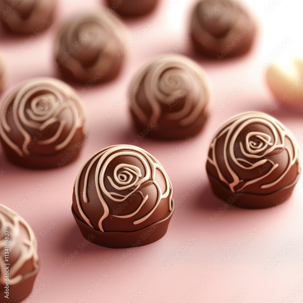 A collection of beautifully crafted chocolate truffles shaped like roses, arranged on a soft pink surface, exuding elegance and sweetness. A collection of beautifully crafted chocolate truffles shaped like roses, arranged on a soft pink surface, exuding elegance and sweetness.