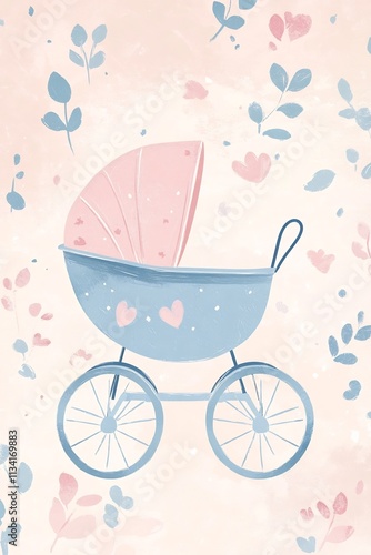 Charming Pastel Hued Cartoon Baby Carriage on Floral Patterned Background for Newborn Card