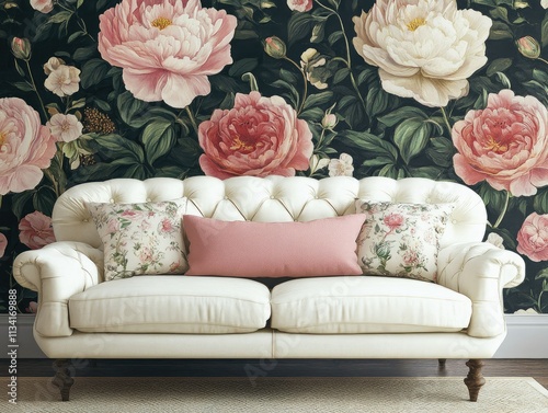  Floral wallpaper featuring modern flowers, with sofa in living room interior.