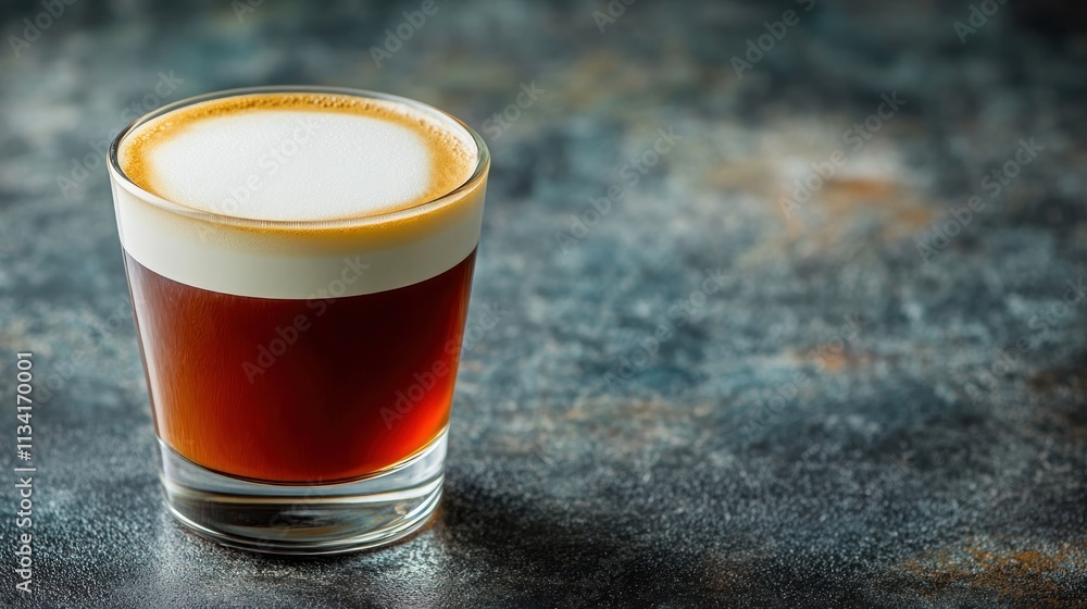 A glass of layered coffee with frothy cream on top, set against a textured background. A glass of layered coffee with frothy cream on top, set against a textured background.