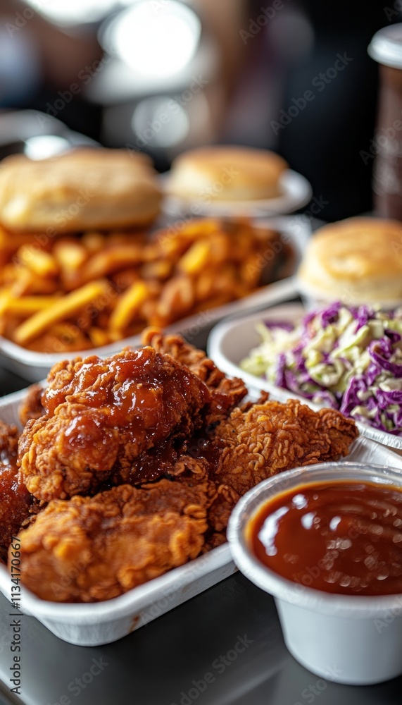 A delicious spread of fried chicken, sides, and biscuits on a table. A delicious spread of fried chicken, sides, and biscuits on a table.