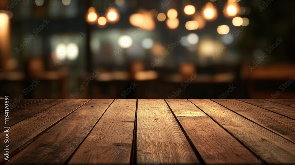 The empty wooden table top with blur background of restaurant at night. Exuberant image. The empty wooden table top with blur background of restaurant at night. Exuberant image.