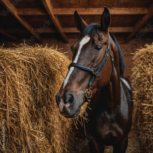 A sleek horse in a luxurious stable lined with golden hay. photo