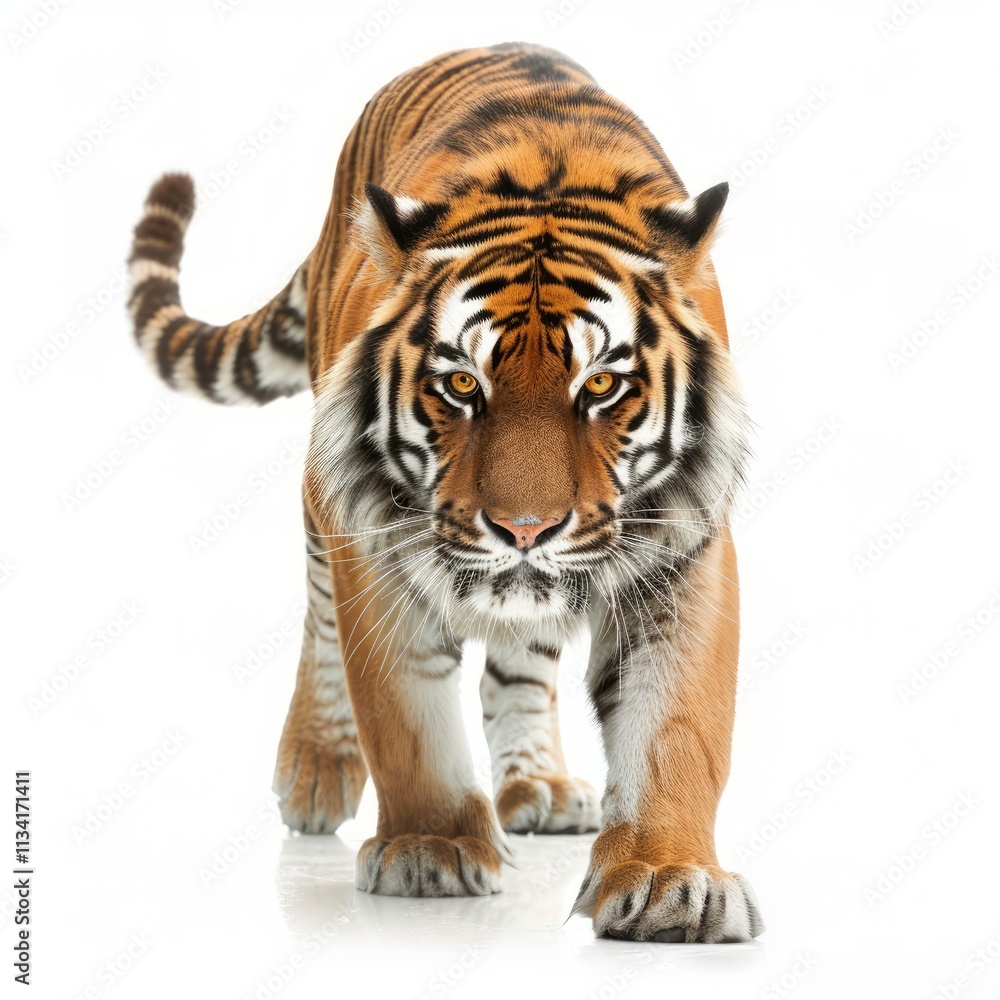 Fototapeta premium Studio shot of a powerful tiger walking on a white background