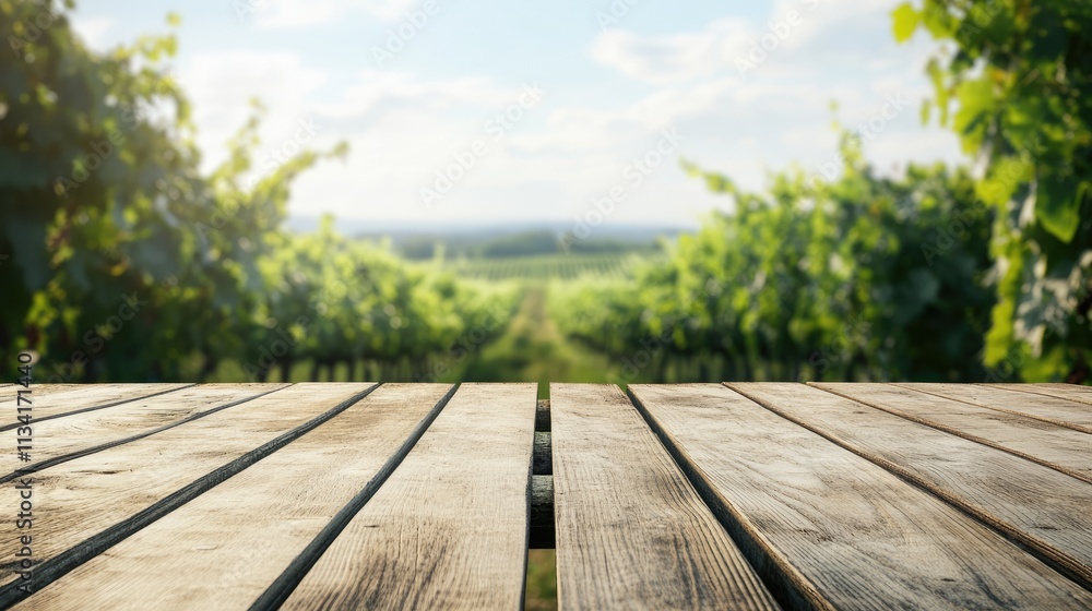Fototapeta premium The empty wooden table top with blur background of vineyard. Exuberant image.