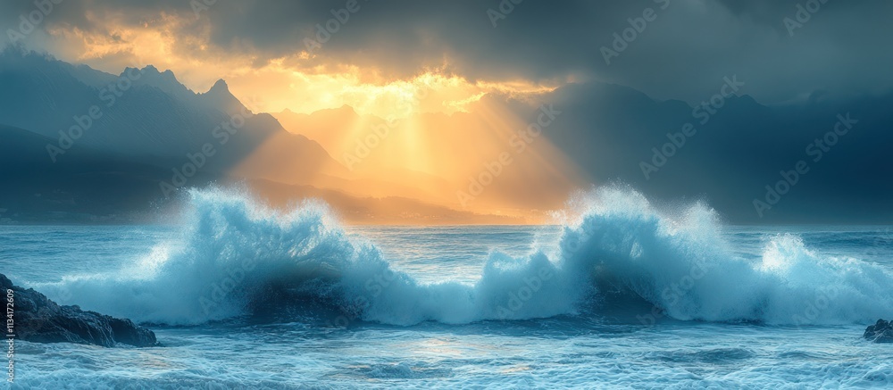 Fototapeta premium Dramatic ocean waves crashing on rocky shore at sunset.