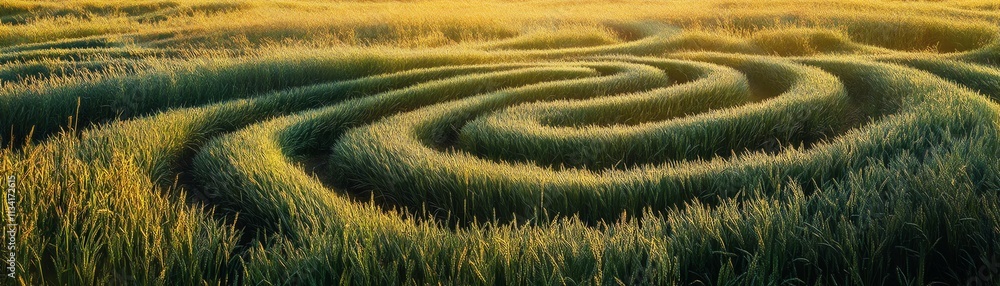 Aerial view of a winding maze in a field at sunset, golden light reflecting on grass. Aerial view of a winding maze in a field at sunset, golden light reflecting on grass.