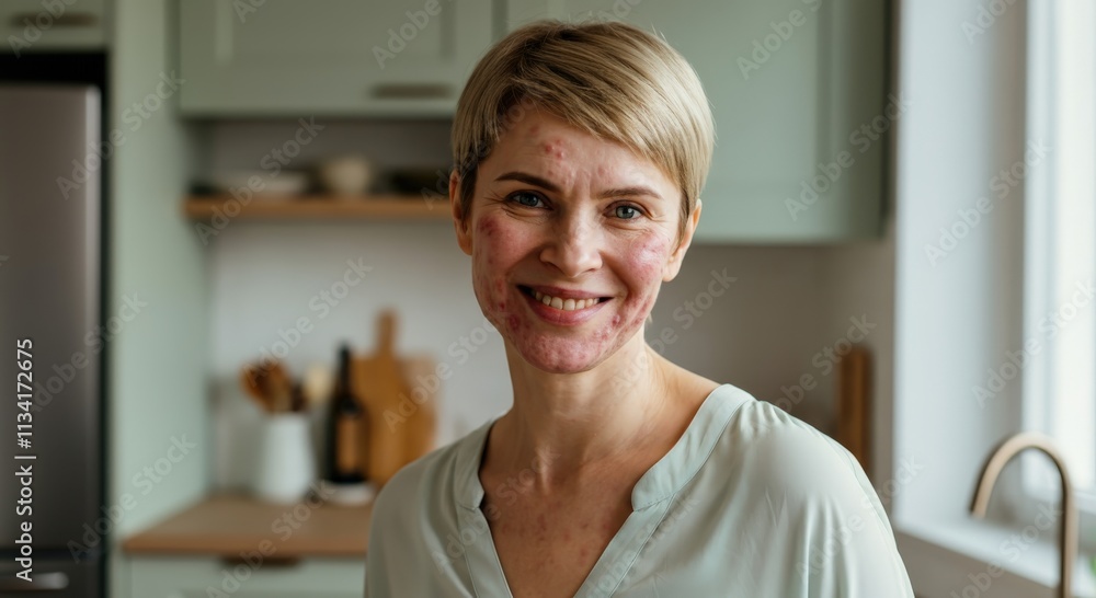 Smiling caucasian woman with skin imperfections in a modern kitchen setting Smiling caucasian woman with skin imperfections in a modern kitchen setting