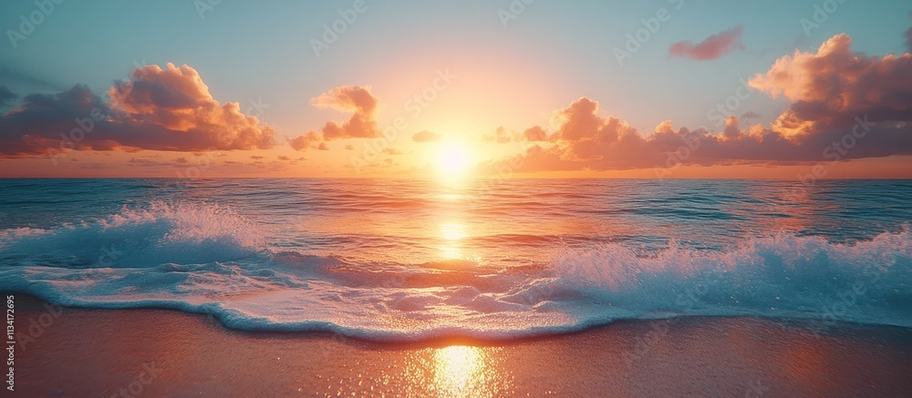 Fototapeta premium Serene ocean sunset with waves gently lapping the sandy shore.