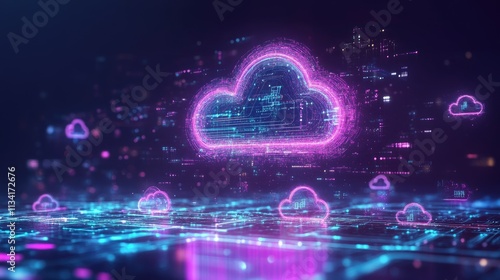 Futuristic Cloud Computing Concept with Glowing Digital Elements and Data Connections Illustrating Technology and Connectivity in a Virtual Environment