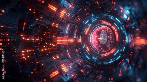 Wallpaper Mural Abstract digital tunnel with fingerprint scan in center, glowing circuit design. Torontodigital.ca