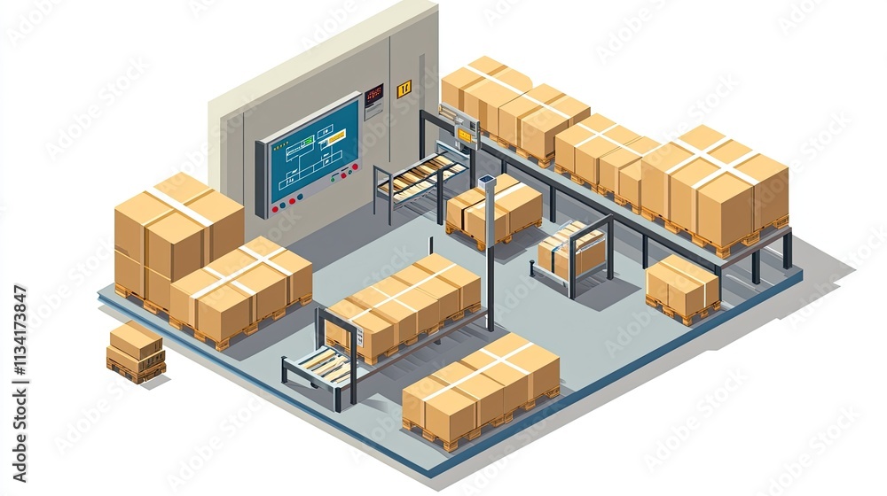 Naklejka premium Modern warehouse interior featuring organized storage with cardboard boxes on pallets, automated conveyor system, and digital control panel for efficient logistics management.