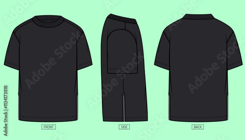 Oversized crew neck streetwear black colour short sleeve t-shirt flat sketch with front, back and side view template outline. 